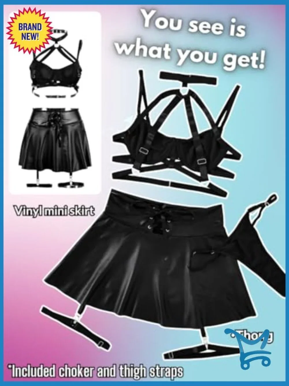 Strappy Underwire Vinyl Lingerie Set - 4 Piece Club Rave Outfit